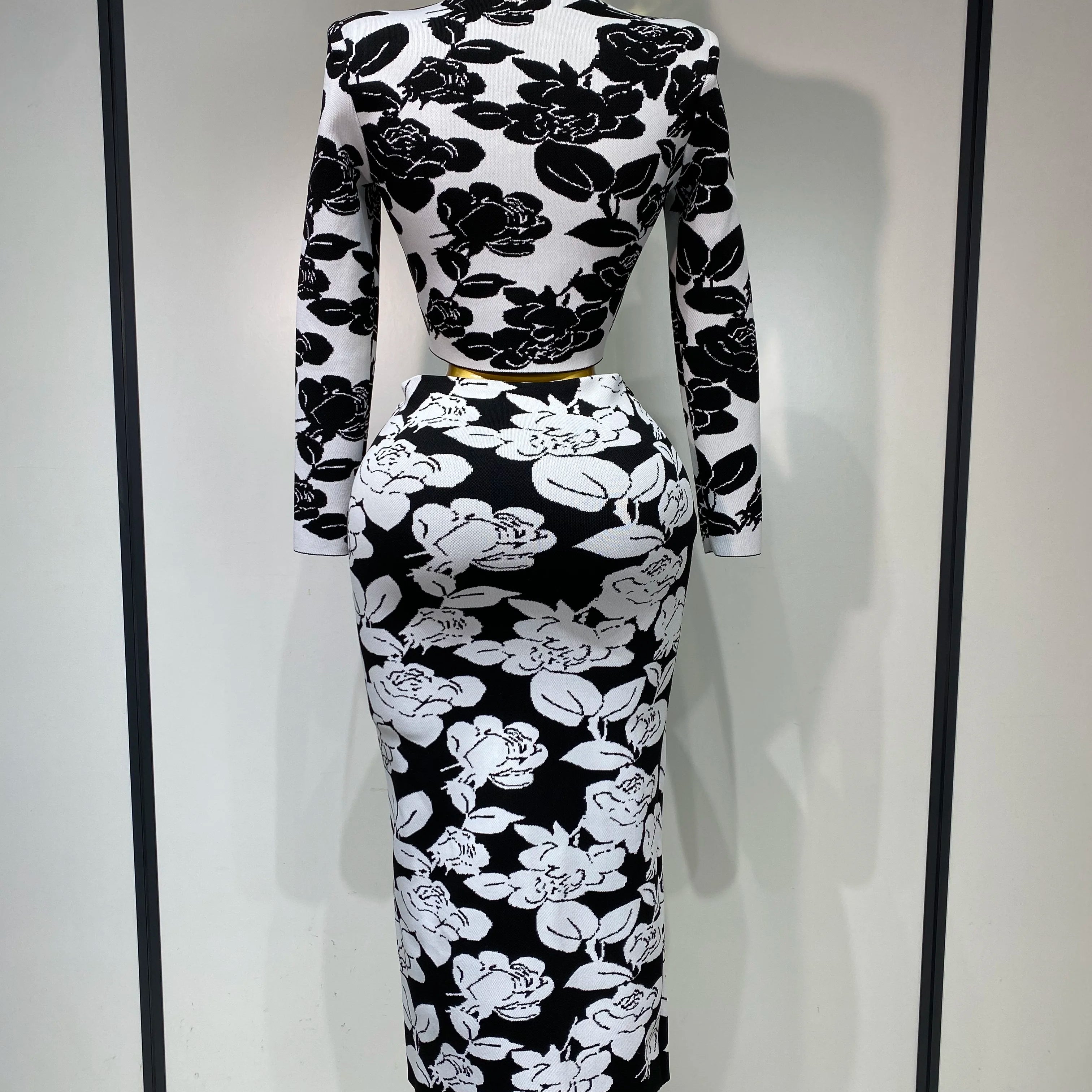 2025 Women Long Sleeve Jacquard Weave Two Pieces Set Celebrity Red Carpet Dress Birthday Bodycon Bandage Women's Set