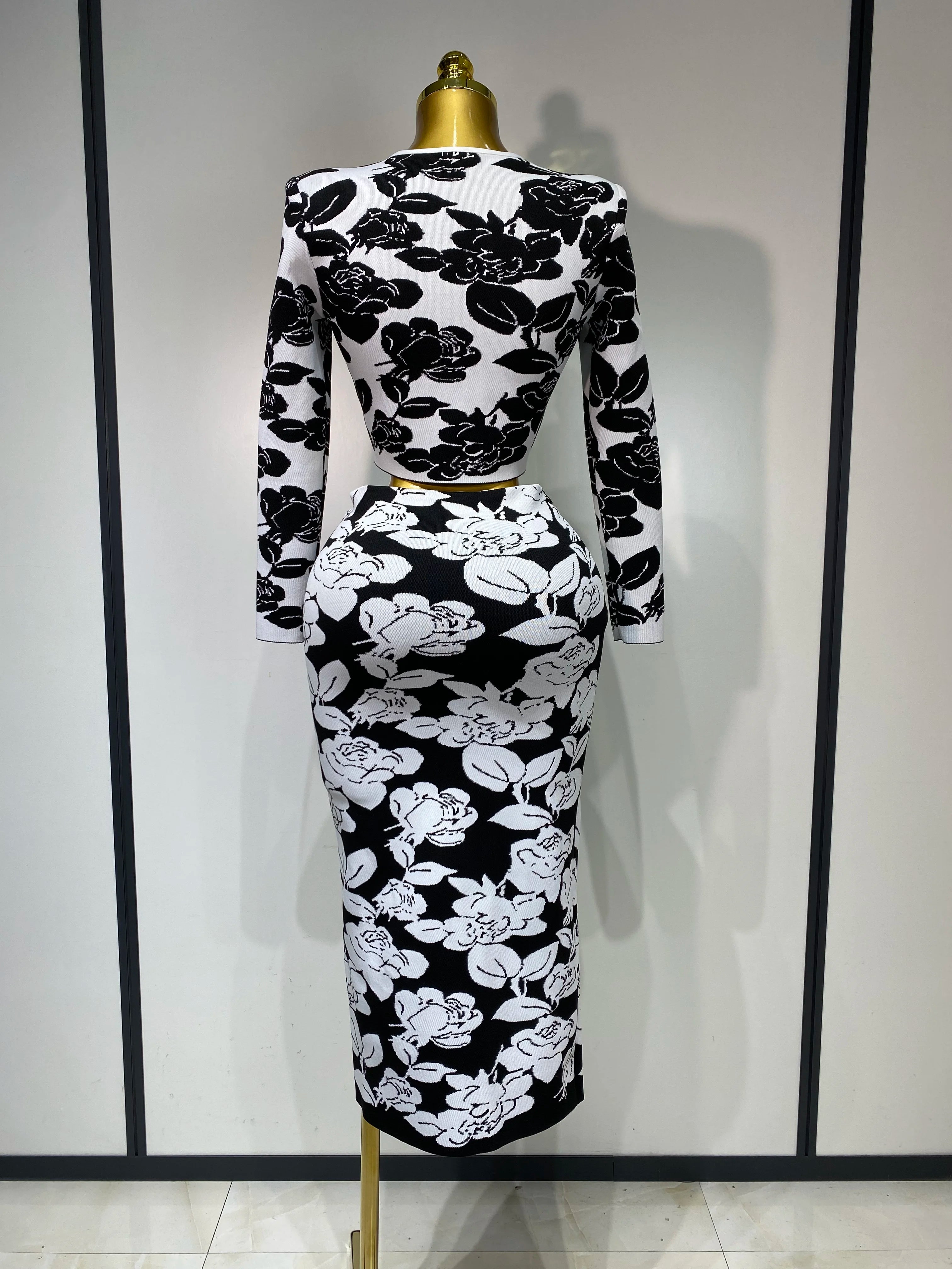 2025 Women Long Sleeve Jacquard Weave Two Pieces Set Celebrity Red Carpet Dress Birthday Bodycon Bandage Women's Set