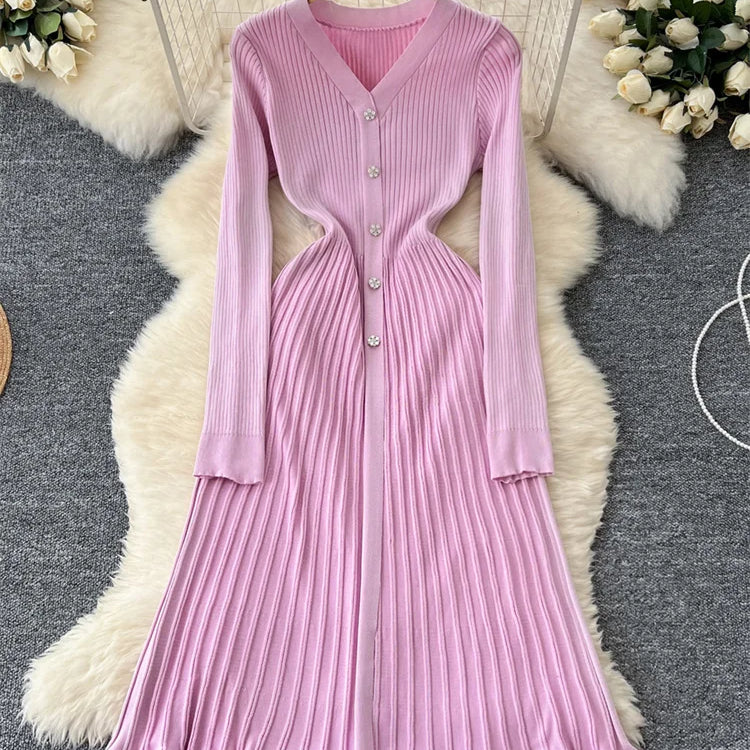 SINGREINY Autumn Knitting Sweater Dress Ladies V-Neck Single Breasted Full Sleeve Soft Slim Senior Knitted Casual Long Dress pink One Size