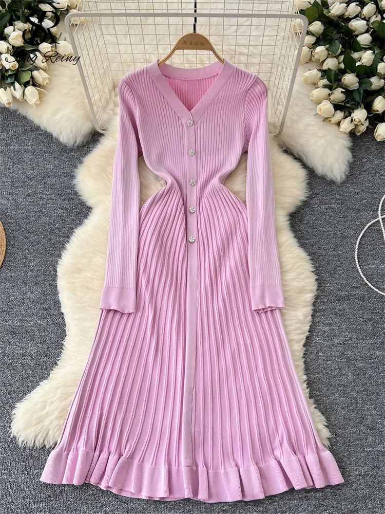 SINGREINY Autumn Knitting Sweater Dress Ladies V-Neck Single Breasted Full Sleeve Soft Slim Senior Knitted Casual Long Dress pink One Size