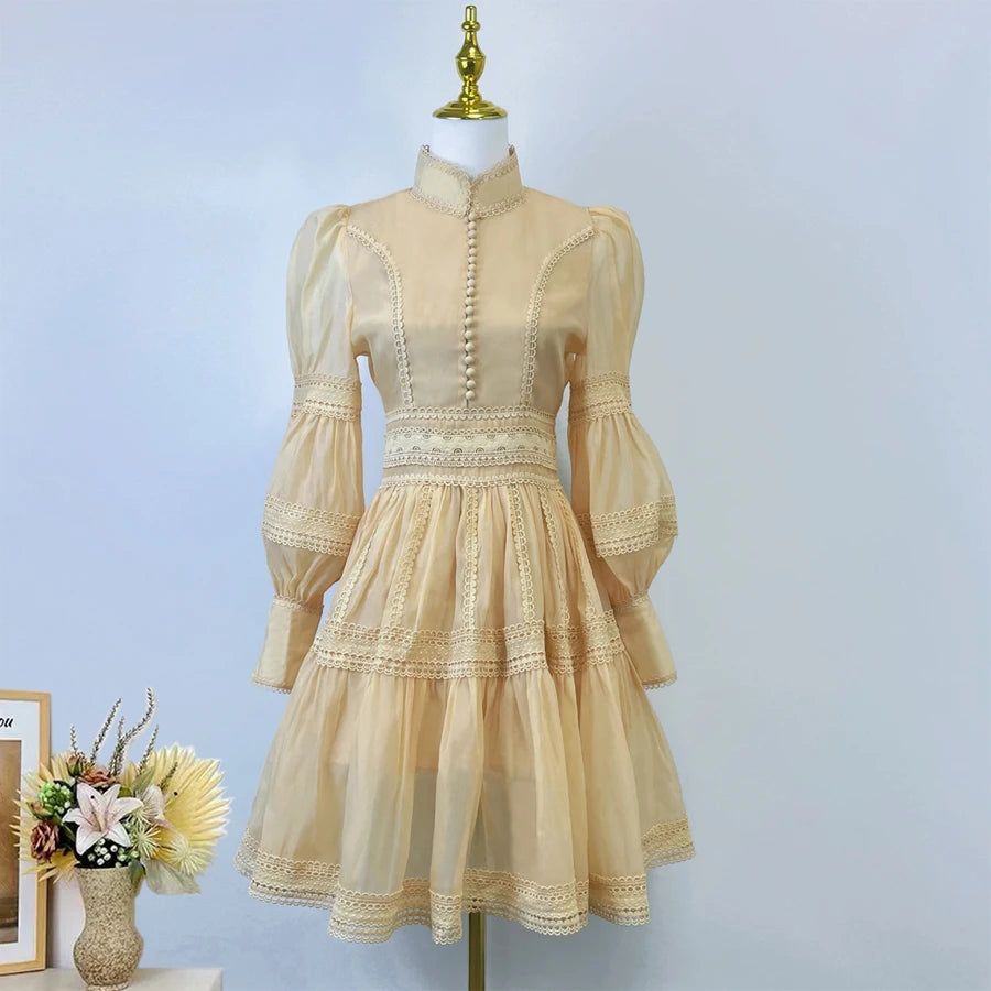 Runway Designer Embroidery Lace Patchwork Party Night Dress High Lantern Sleeve Stand A Line Vintage Elegant Dress