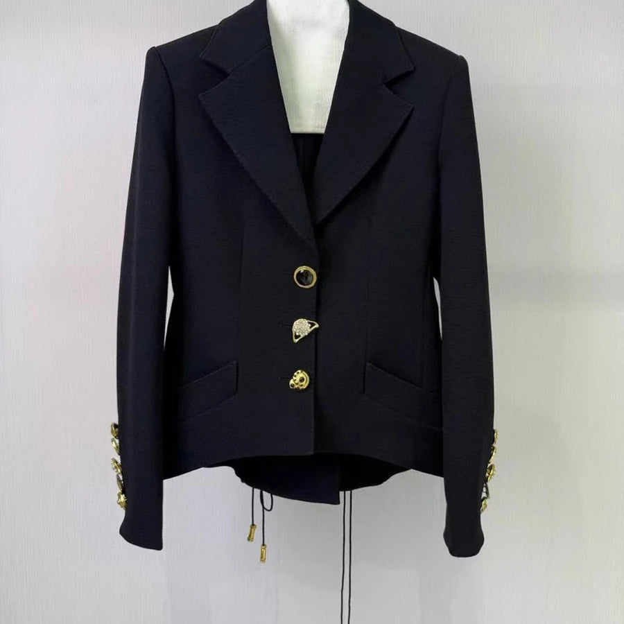 Solid Slimming Jackets for Women Lapel Long Sleeves Patchwork Irrgular Button Temperament Jacket Female Fashion New BLACK