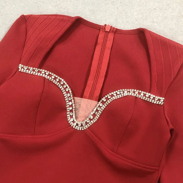 Women Celebrity Sexy Long Sleeve Diamonds Red Maxi Long Bandage Bodycon Dress 2025 Elegant Evening Club Party Outfit