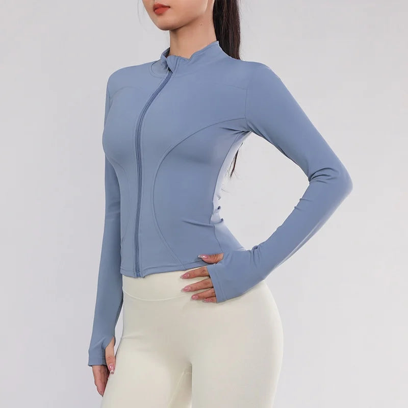 Women Gym Wear Solid Color Quick Drying Yoga Wear High Elasticity Fitness Jacket Ventilated Long Sports Shirt Women's Tracksuit blue gym jacket