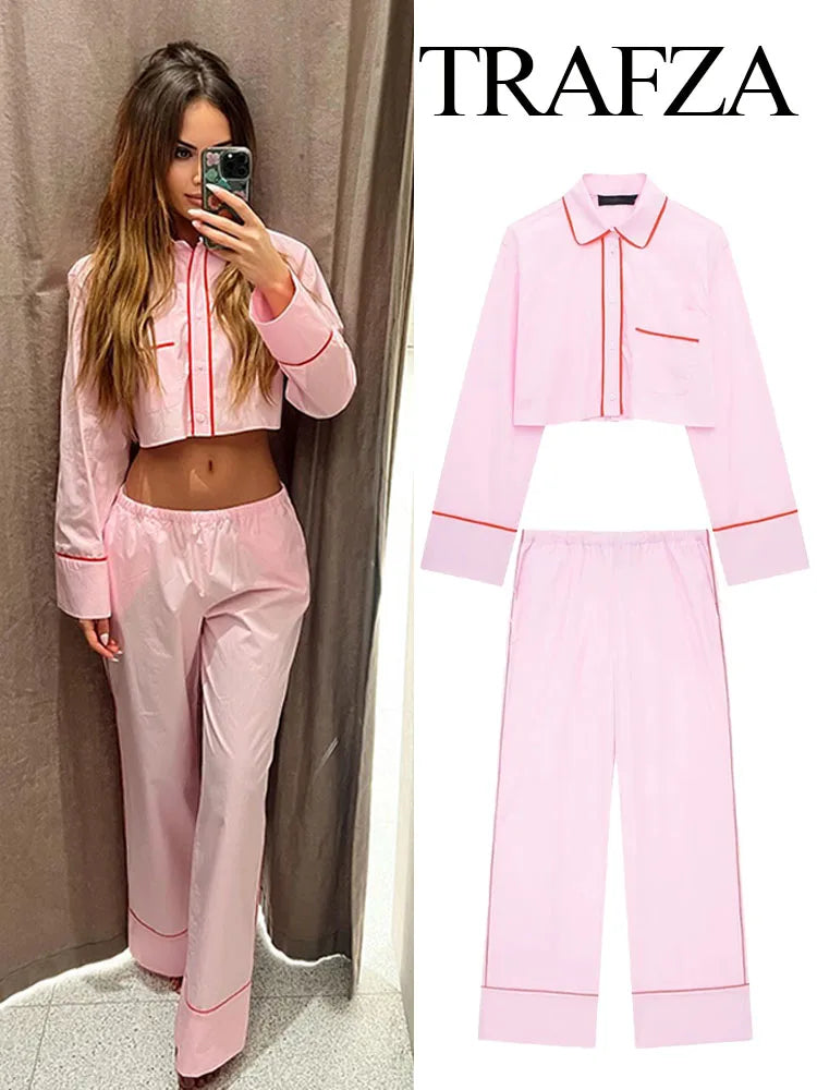 TRAFZA Woman New Fashion Suits Pink Turn-Down Collar Long Sleeves Single Breasted Short Shirts+Mid Waist Lace-Up Wide Leg Pants