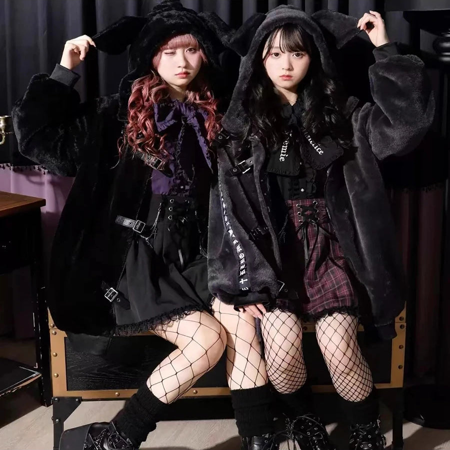 Lautaro Winter Oversized Sweet Cute Soft Black Faux Fur Coat Women with Bunny Ears Kawaii Loose Fluffy Jacket Hoodie Streetwear