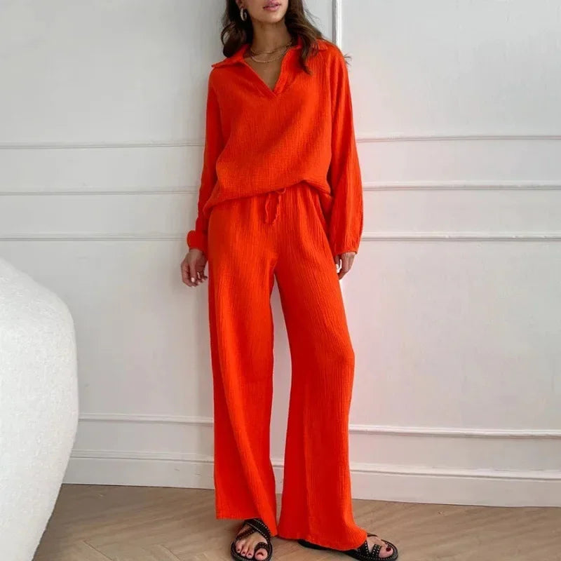 2024 Summer Fashion New Plus Size Women's Wear Set with Polo Collar Cotton Hemp Pants Elegant Solid Color Two Piece Set Orange