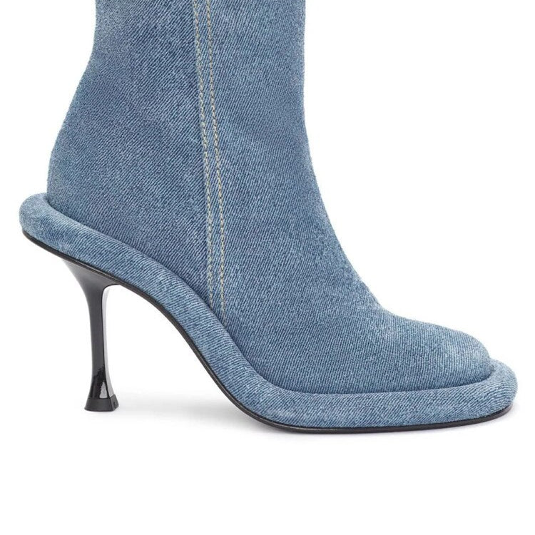 Spring and Autumn Women's New Slender High Heel Denim Short Boots Round Head Side Zipper Fashion Brand Women's Boots 509 Denim long style