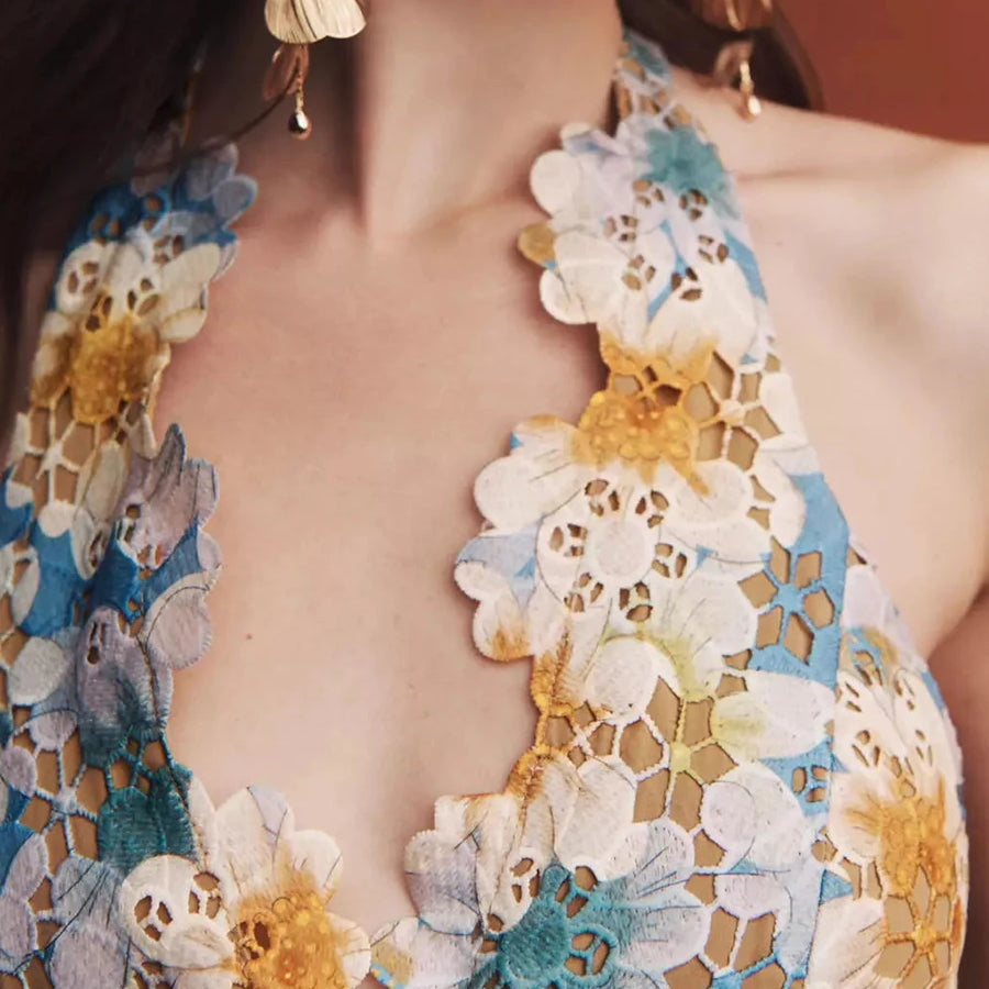 Colorblock Hollow Out Spliced Printing Elegant Dresses for Women Halter Neck Sleeveless Split Dress Female Fashion