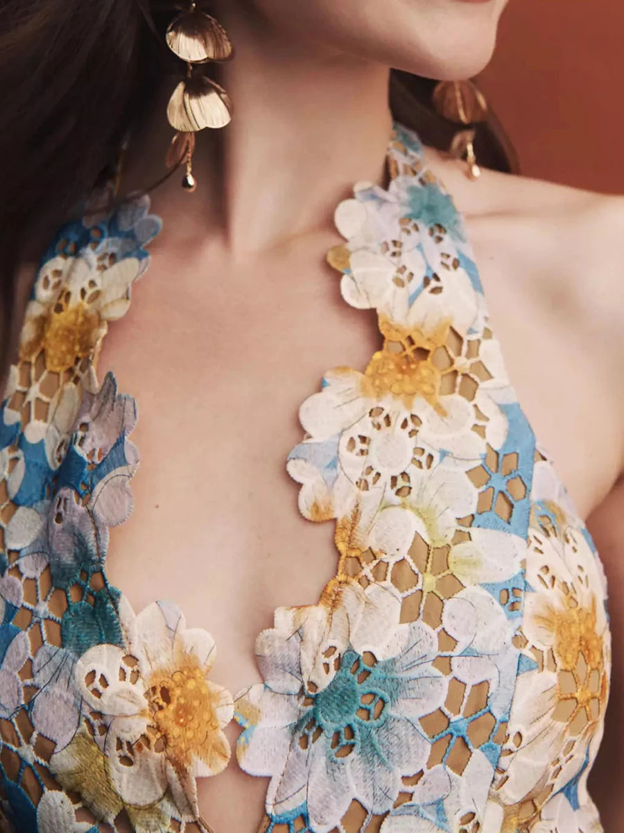 Colorblock Hollow Out Spliced Printing Elegant Dresses for Women Halter Neck Sleeveless Split Dress Female Fashion