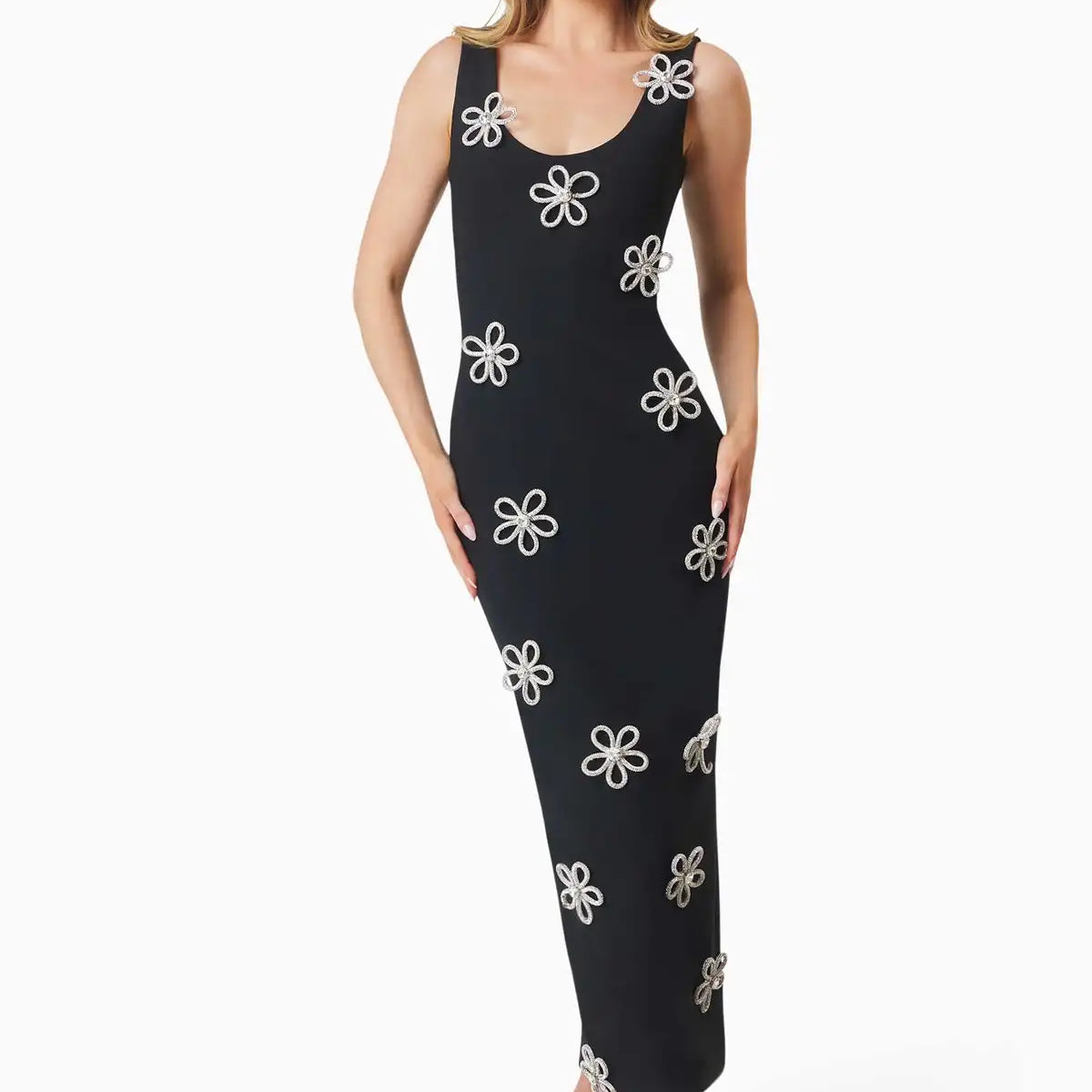 Top Quality Shinning Diamond Flowers Women Sleeveless O-Neck Bodycon Bandage Long Dress Celebrate Evening Party Runway Outfit black