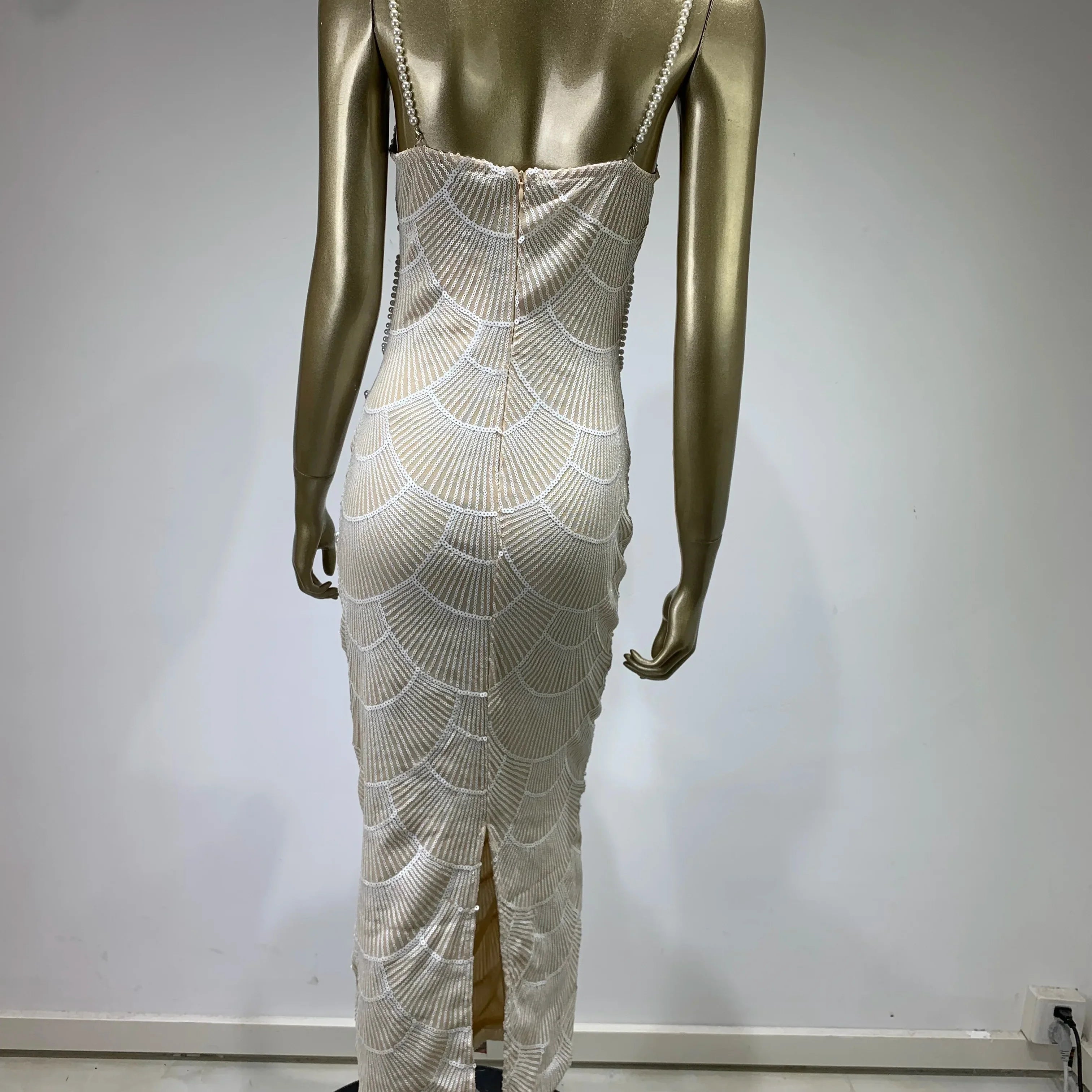 Women Luxury Sexy V Neck White Pearl Beading Cut Out Maxi Long Bodycon Gowns Dress Birthday Elegant Evening Party Club Dress