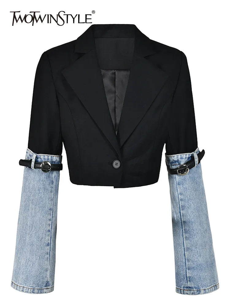 Colorblock Patchwork Denim Casual Coats For Women Lapel Long Sleeve Spliced Button Coat Female Fashion Clothing New