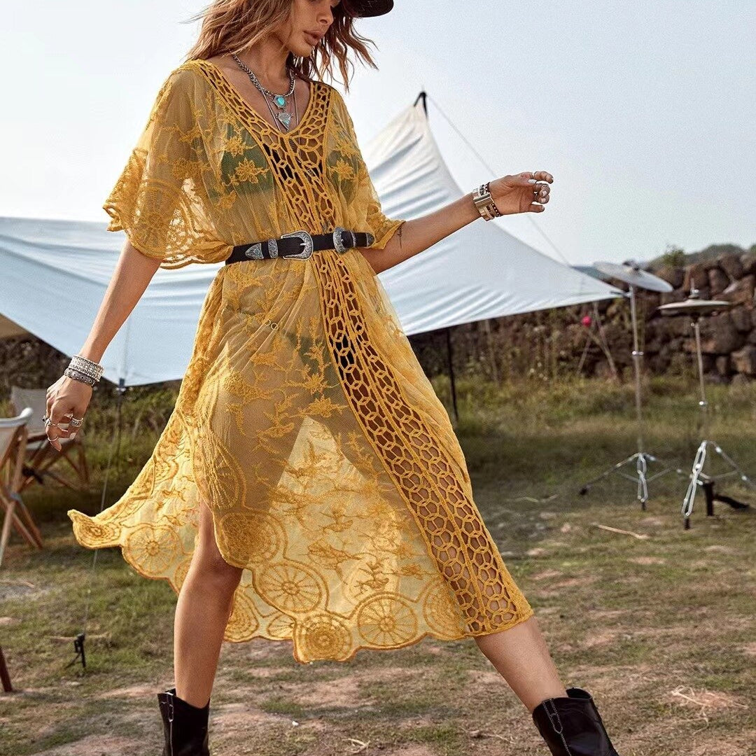 Summer Lace Beach Long Maxi Dress Bikinis Cover Up Tunic Pareo V Neck Robe Swimwear Bathing Suit Swimsuit Gold One Size