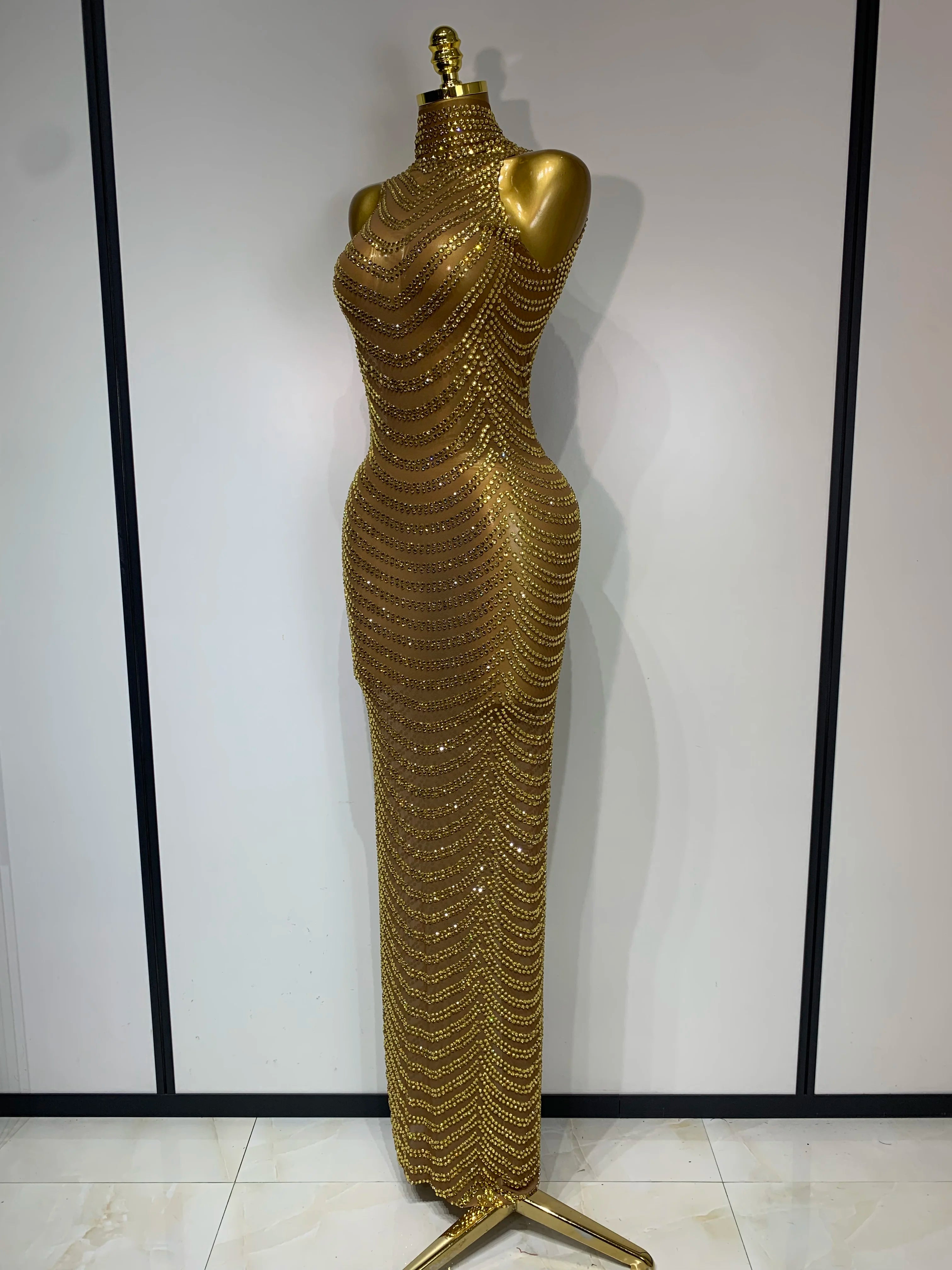 Women Sexy Sparkly Rhinestone Gold Maxi Dress Mesh See Through Evening Party Singer Stage Perform Costume Luxury Birthday Gown