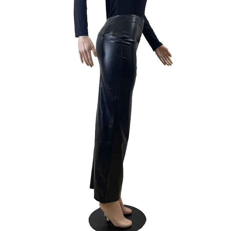 Mutevole Sexy Pu Leather Full Zipper Long Skirt Women Black Faux Leather High Split Slim Fit Maxi Skirt
