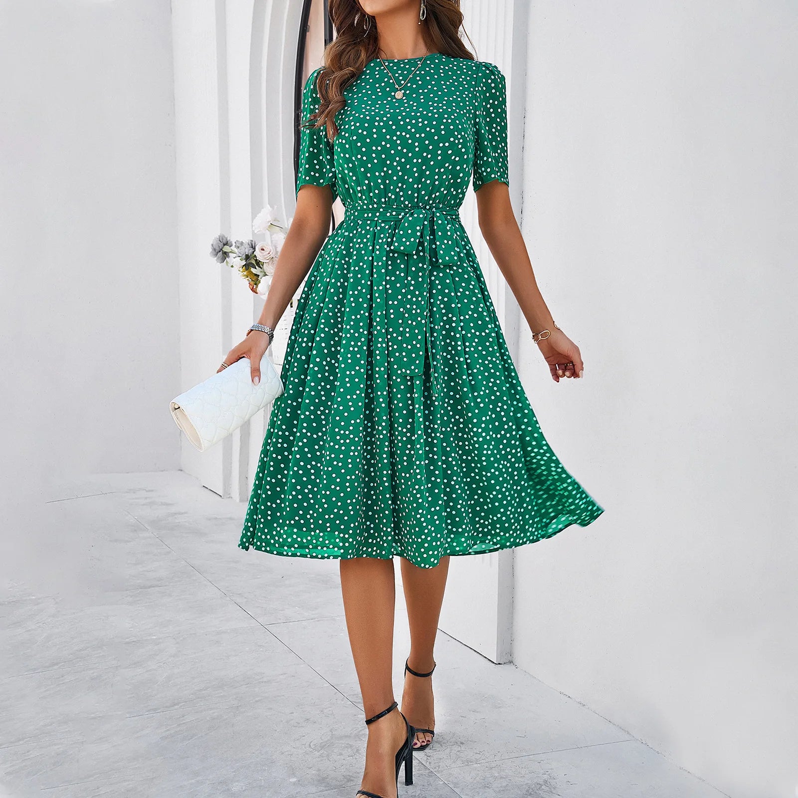 Elegant Office Lady Lace Up Dress Women Casual Short Sleeved Women's Dress 2024 Spring Summer New Polo Dot Printed Dress Up green