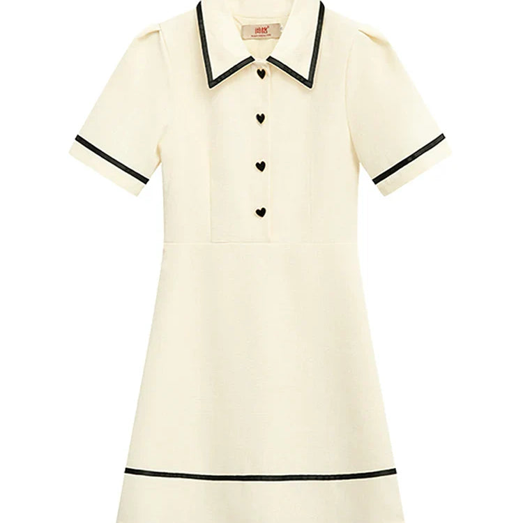 Women's Summer Puff Sleeves Turndown Collar Polo Shirt Dress French Cute Classic Preppy Style Golf Tennis Mini Dresses Y2K Beige