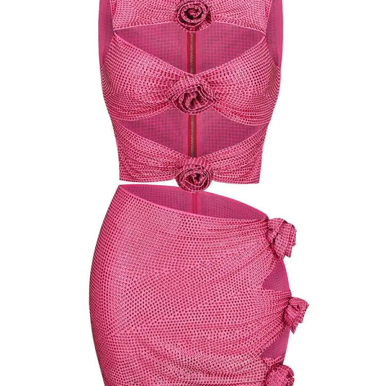 Women'S Luxury Party Dress Sparkly Silver Rhinestone Sexy Cut Out Beautiful 3D Flowers Decoration Tank Mini Dress Vestido Rose Red