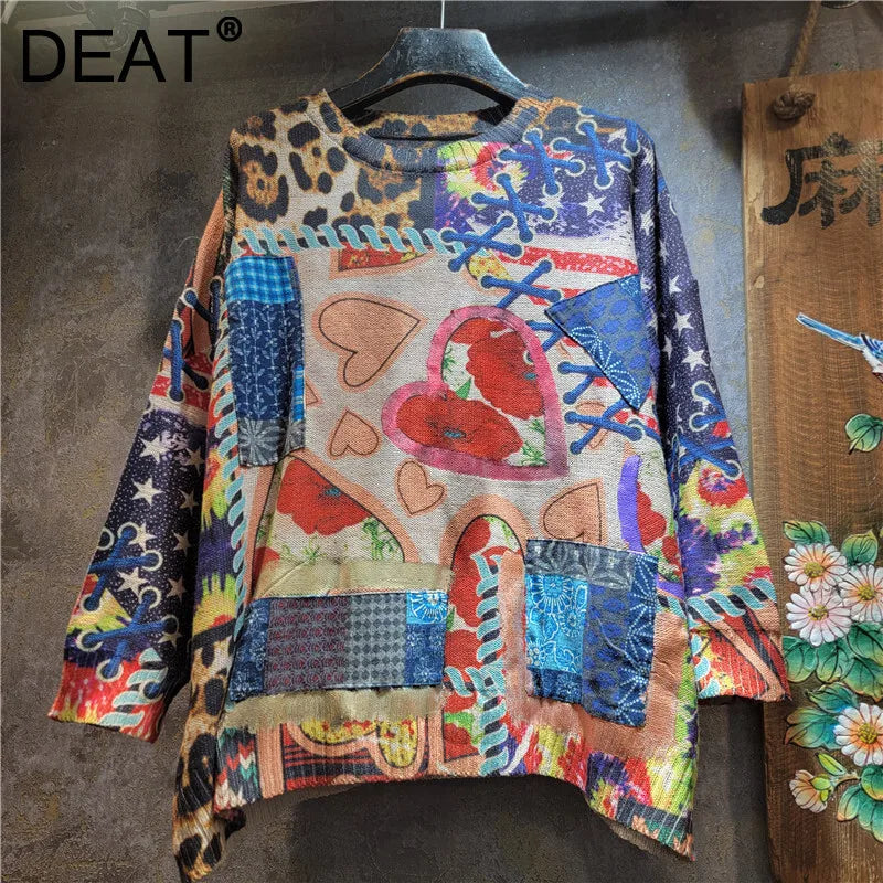 Autumn Winter New Printed Contrast Color Loose Round Neck Knitted Sweater For Women Versatile Pullover Trendy 11A07723