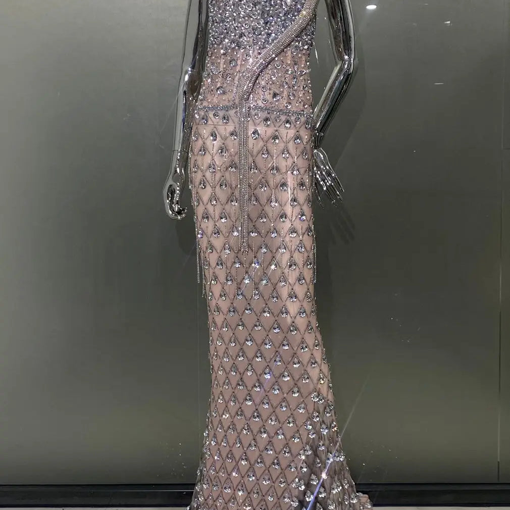 Super Shining Crystal Mesh See Through Floor Lenght Dress Woman Birthday Party Dress Stage Performances Costume Beige