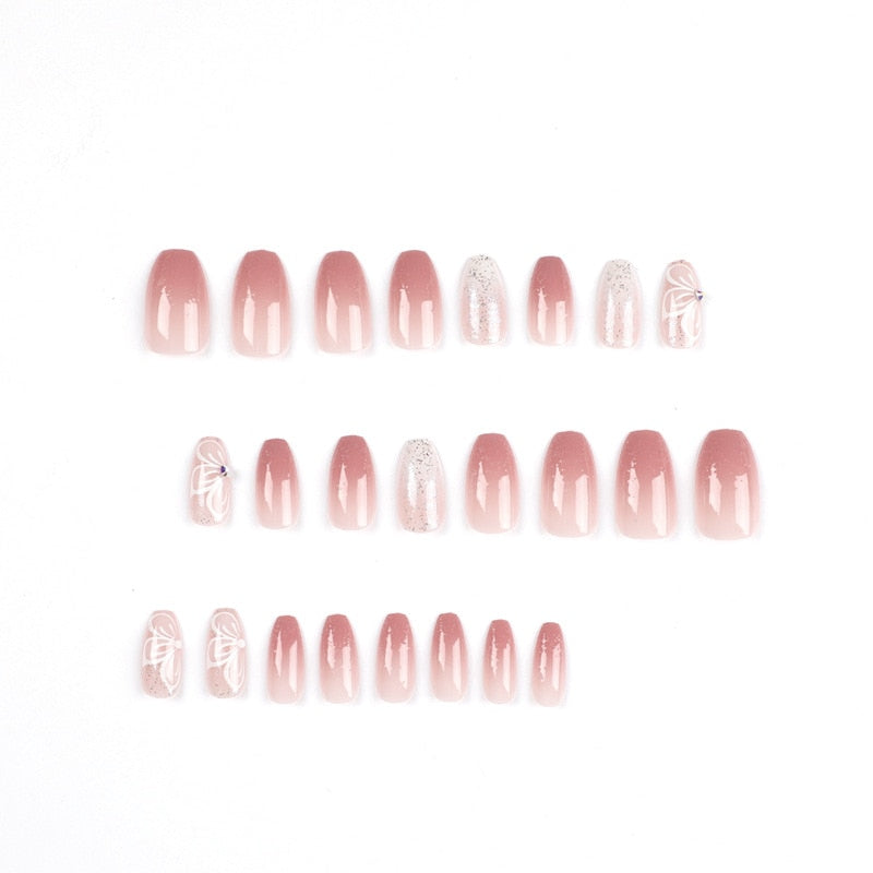 Wholesale 24Pcs/Set Wearable Pink Press On Fake Nails Tips Butterfly Gradual Shining Pink Pure Water Diamond Nail Wearing Parts
