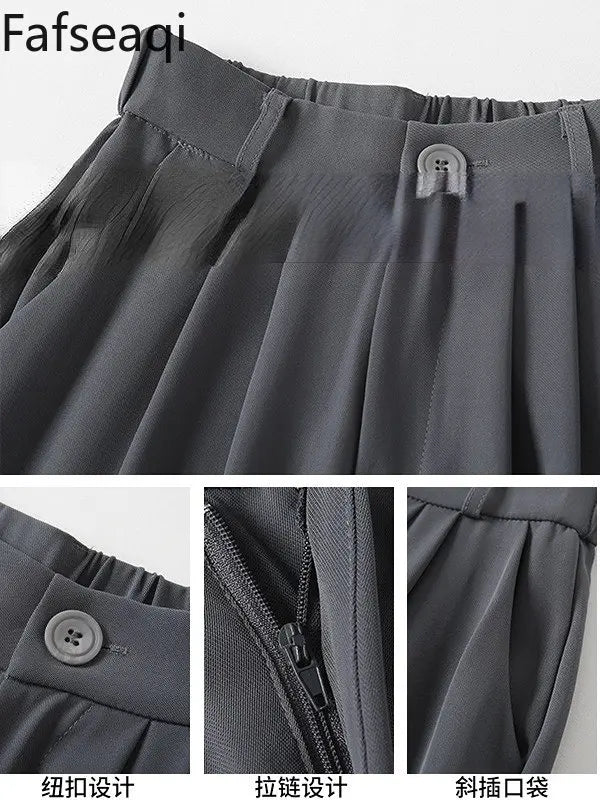 Summer Ice Silk Wide Trousers for Women Loose White Thin Straight Pants Elegant Office Women Baggy Stacked Pants Sweatpants