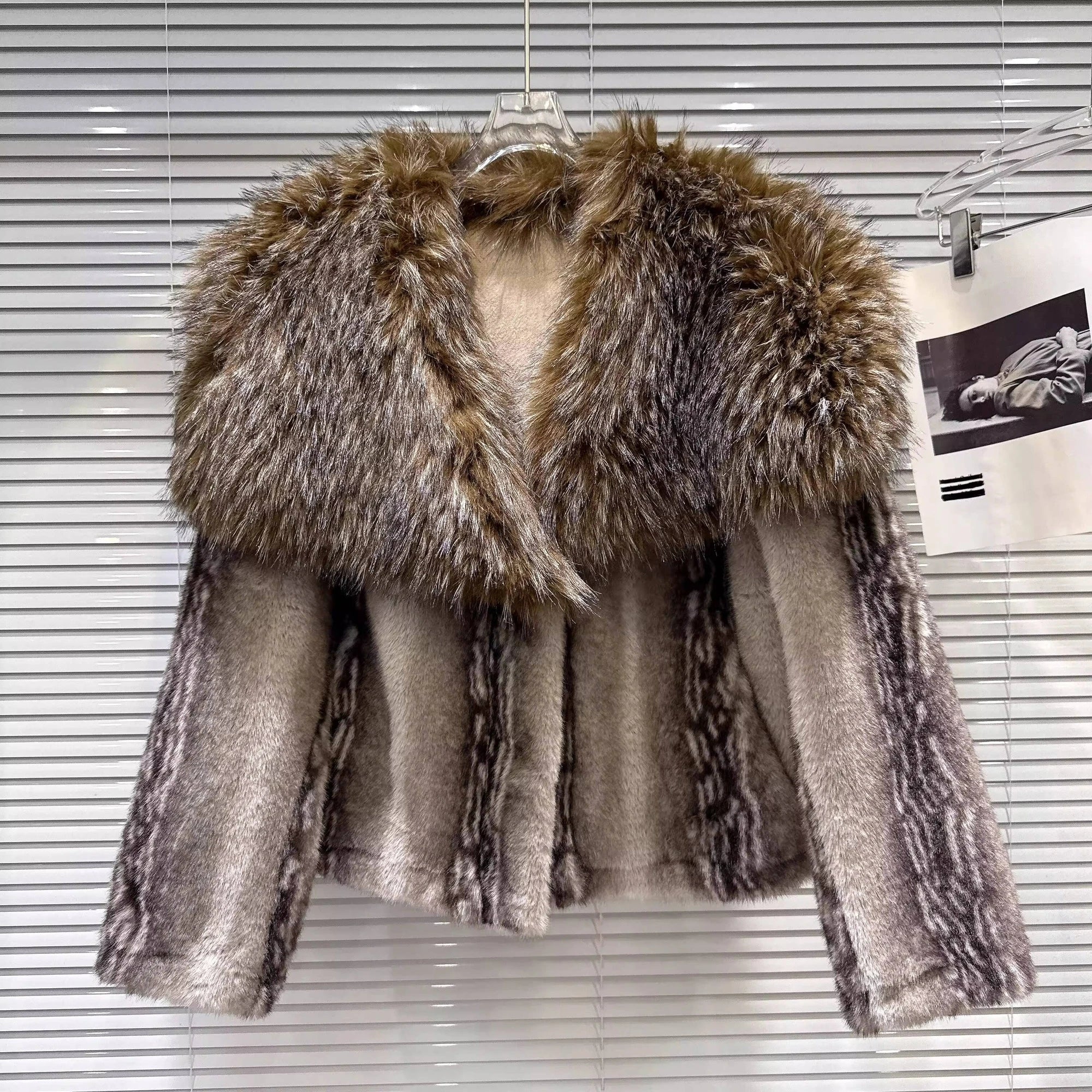 Winter New Fashion Big Fur Collar Faux Fur Short Coat For Women Versatile High Quality Thicken Jacket Female 11A07809 Brown One Size