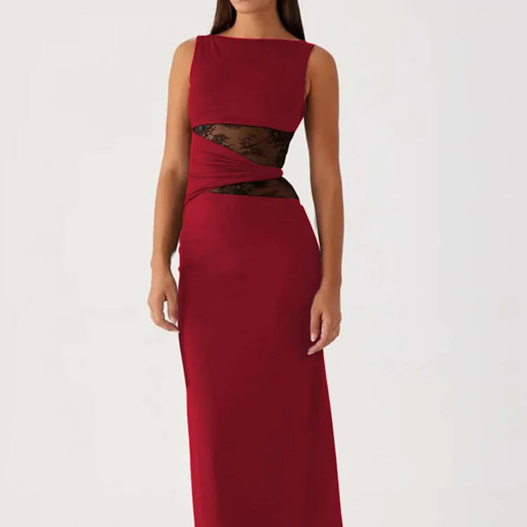 Sheer Lace Sleeveless Sexy Maxi Dress For Women Gown Summer Patchwork Fashion O Neck Bodycon Long Tank Dress Vestido Red