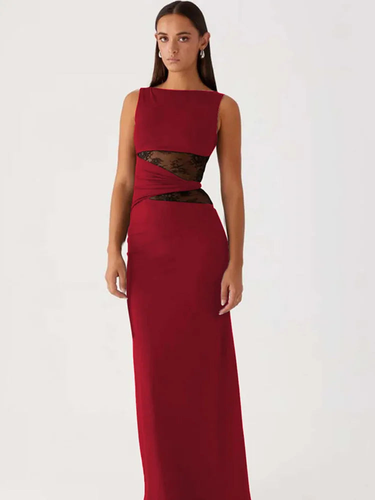 Sheer Lace Sleeveless Sexy Maxi Dress For Women Gown Summer Patchwork Fashion O Neck Bodycon Long Tank Dress Vestido Red