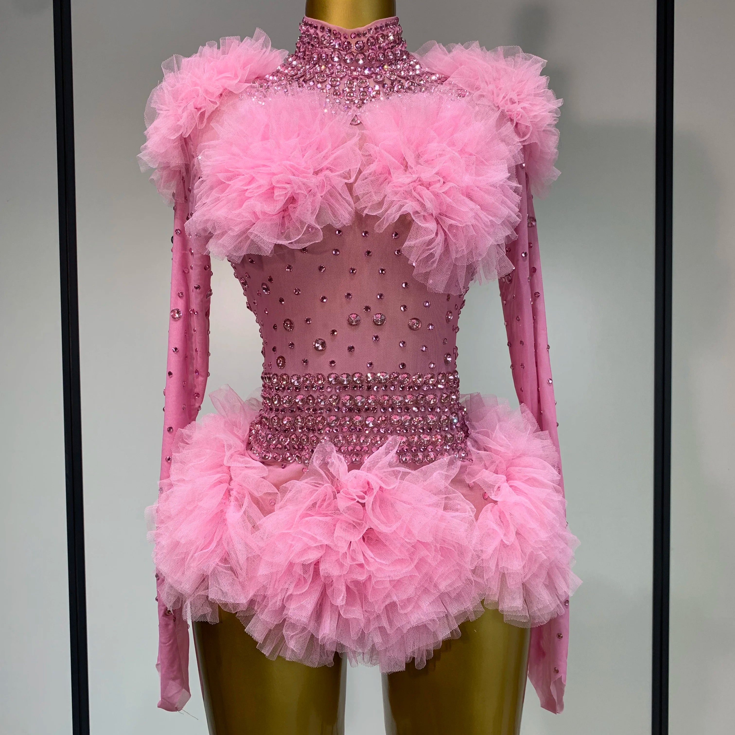 Sexy See Through Luxury Rhinestone Bodysuit Women Sexy Bodycon Mesh Ruffles Performance Dance Singer Nightclub Stage Outfit Pink