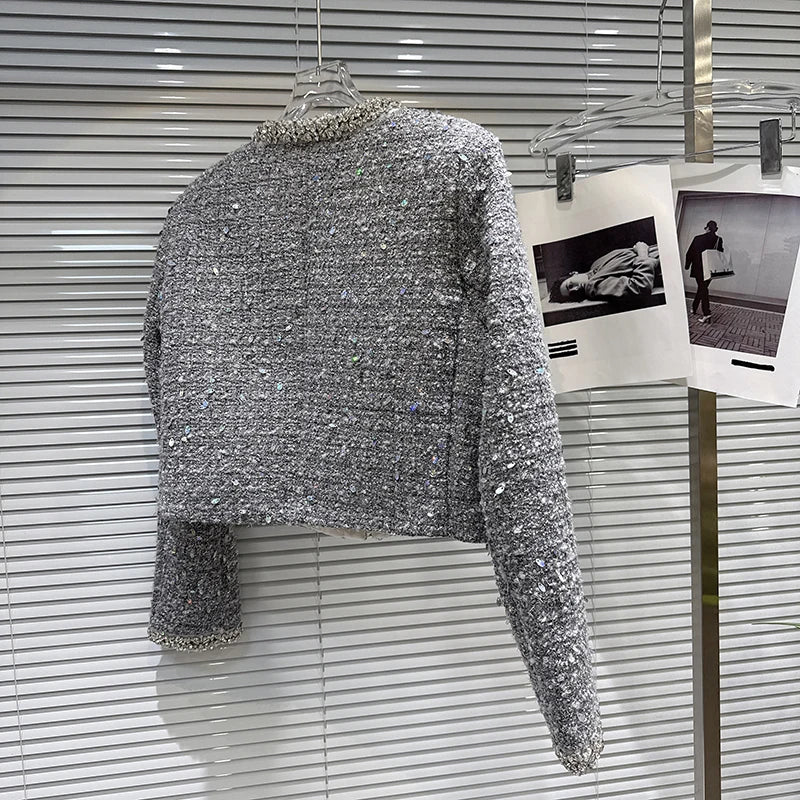 Winter New Fashion Rhinestone Beaded Sequin Tweed Cotton Jacket For Women Elegant Covered Button Short Coat 11A07561