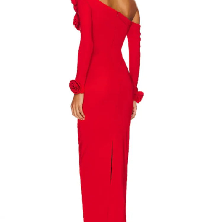 Women Celebrity Sexy Off Shoulder Flower Red Ruched Maxi Long Gowns Dress 2024 Elegant Evening Party Club Vestido