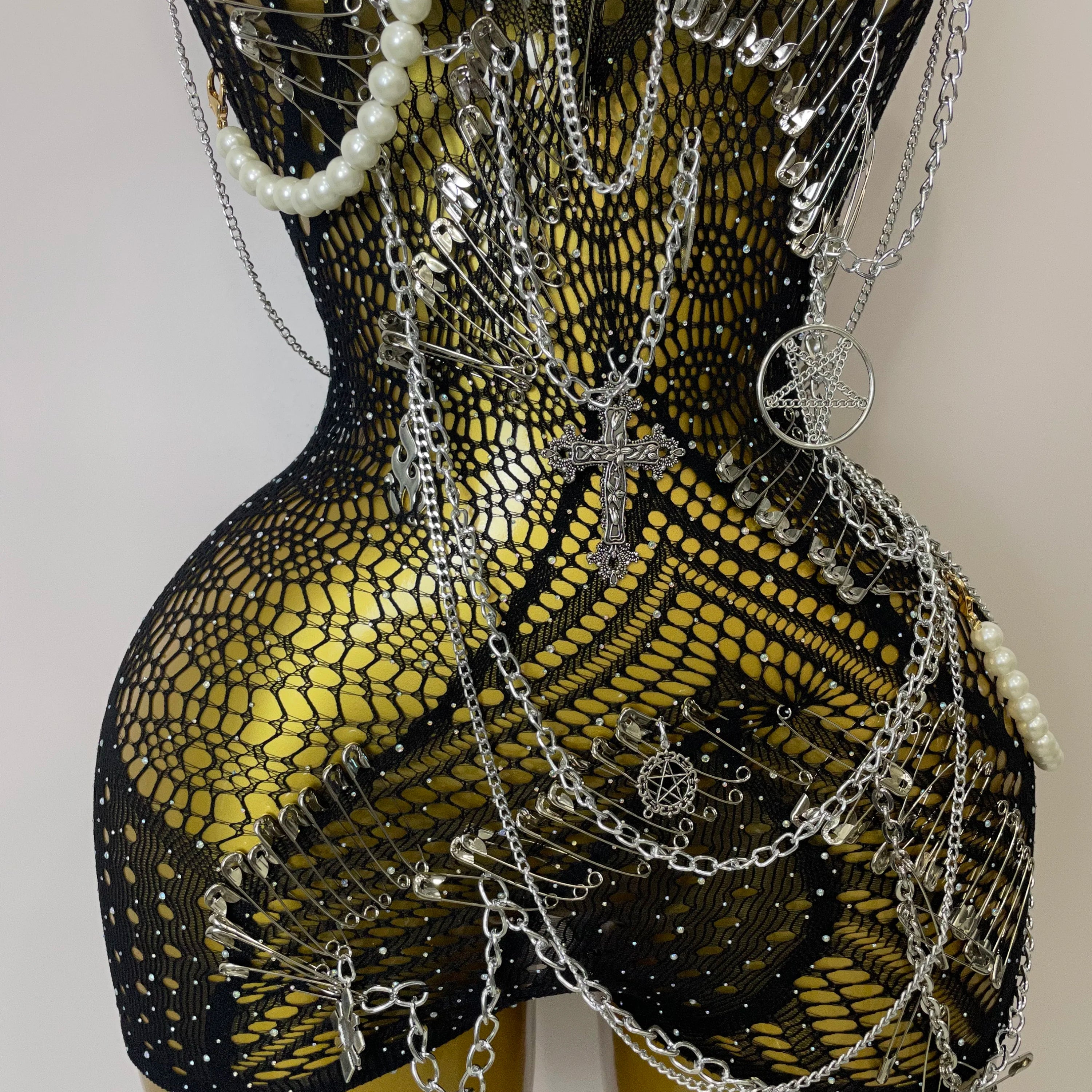 Women Sexy See-Through Bodysuit Black Pin Sheath Mini Dress Evening Birthday Party Nightclub Singer Dancer Performance Costume