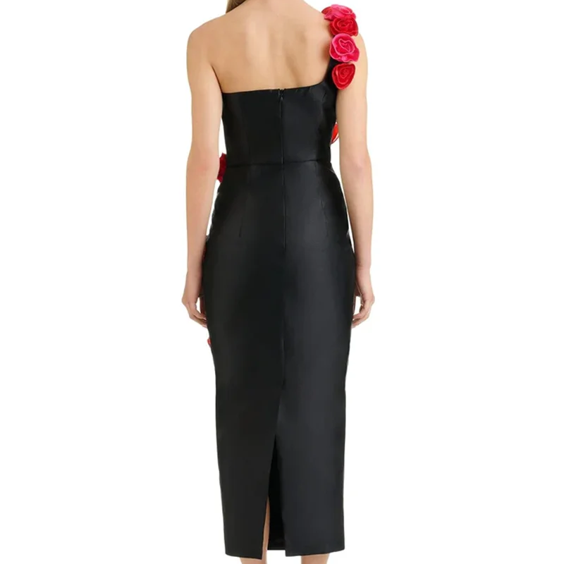 Red Flowers Strapless Black Bandage Ankle Length Dress Elegant Woman Evening Party Dress Cocktail Party Vestido