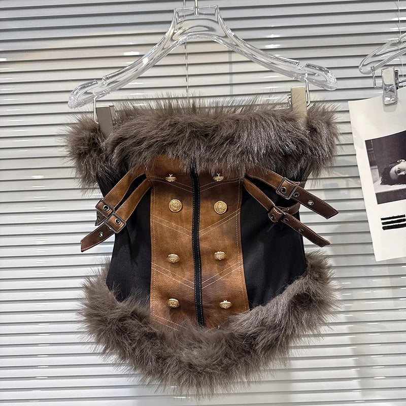 Winter New Fashion Furry Patchwork Suede Outerwear Camisole Vest For Women Backless Outwear Tank Top Female 11A07578 Black