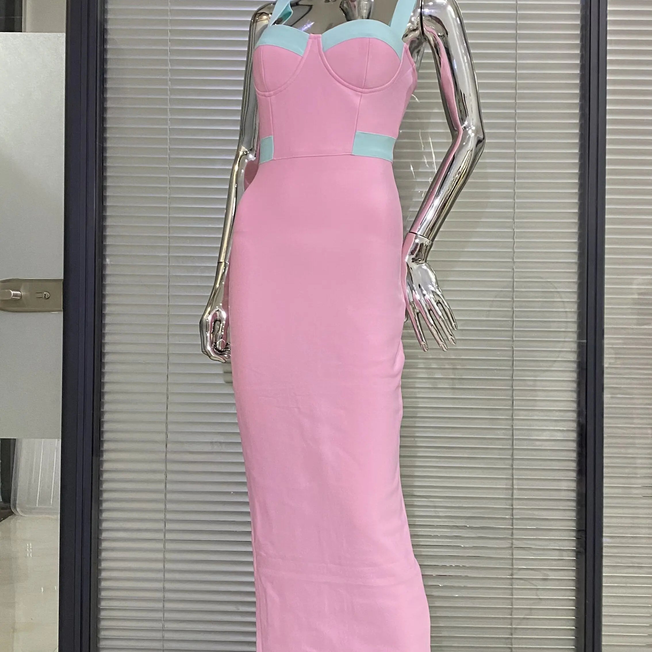 Pink Color Sleeveless Spaghetti Strap Long Bandage Dress Graceful Woman Evening Party Dress Dinner Party Vestido