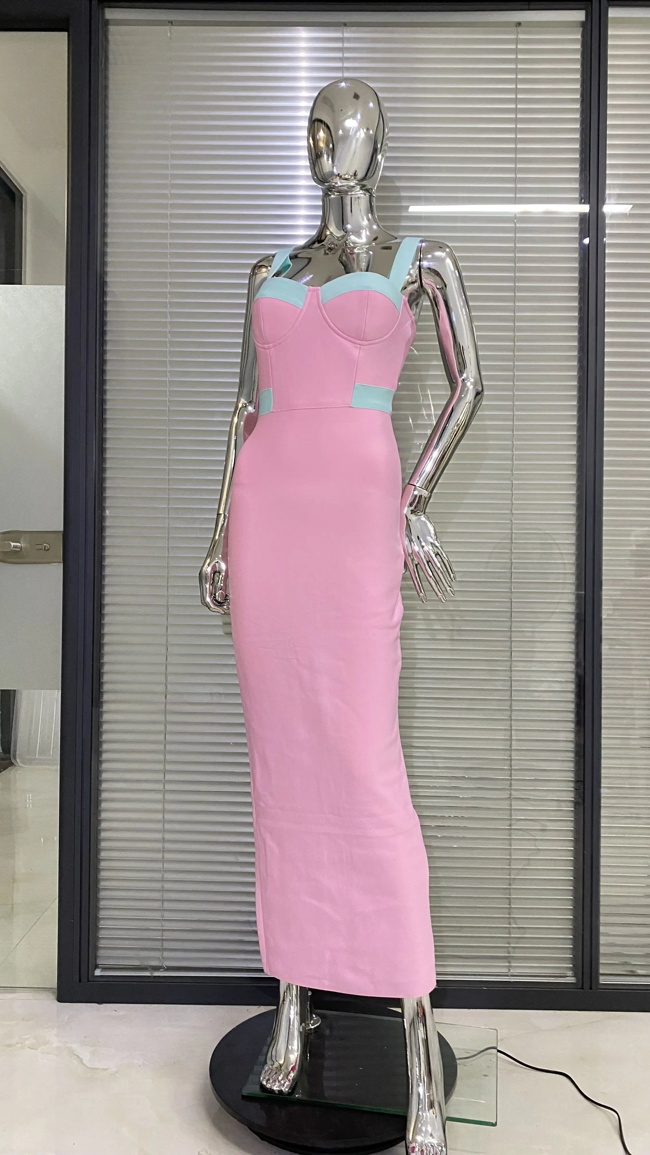 Pink Color Sleeveless Spaghetti Strap Long Bandage Dress Graceful Woman Evening Party Dress Dinner Party Vestido