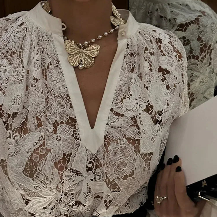 Spring Solid Lace Hollow Out Maxi Dress Women Fashion Lapel Long Sleeves Slim Dresses Elegant Female Party Club Robes