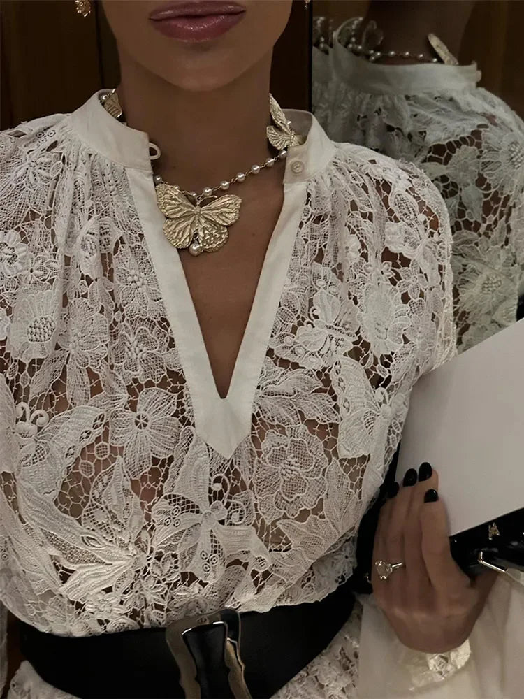 Spring Solid Lace Hollow Out Maxi Dress Women Fashion Lapel Long Sleeves Slim Dresses Elegant Female Party Club Robes