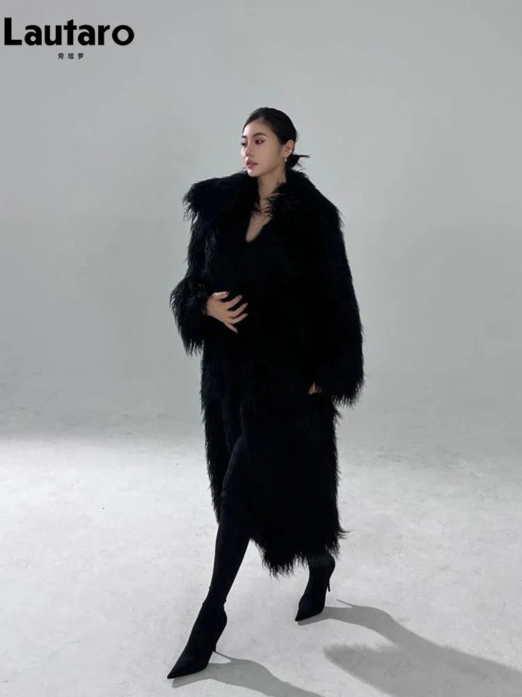 Winter Long Black Hairy Shaggy Thick Warm Soft Fluffy Faux Fur Coat Women Sashes Luxury Designer Overcoat Runway Fashion