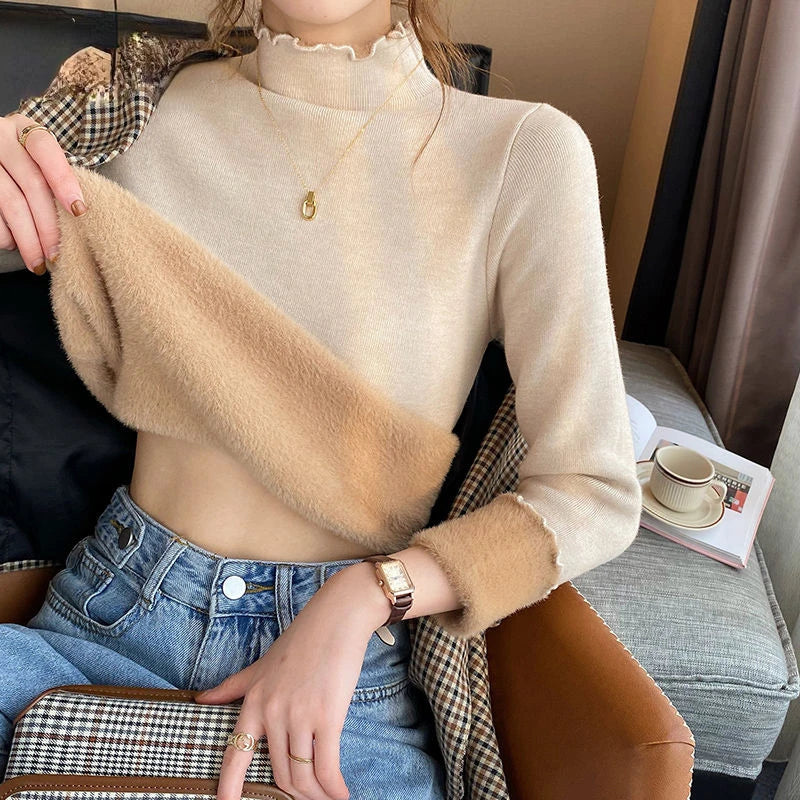 Autumn Winter Sweater Women's Velvet Half Turtleneck Bottoming Shirt Inner Plus Velvet Thick Top Thermal Women Clothes