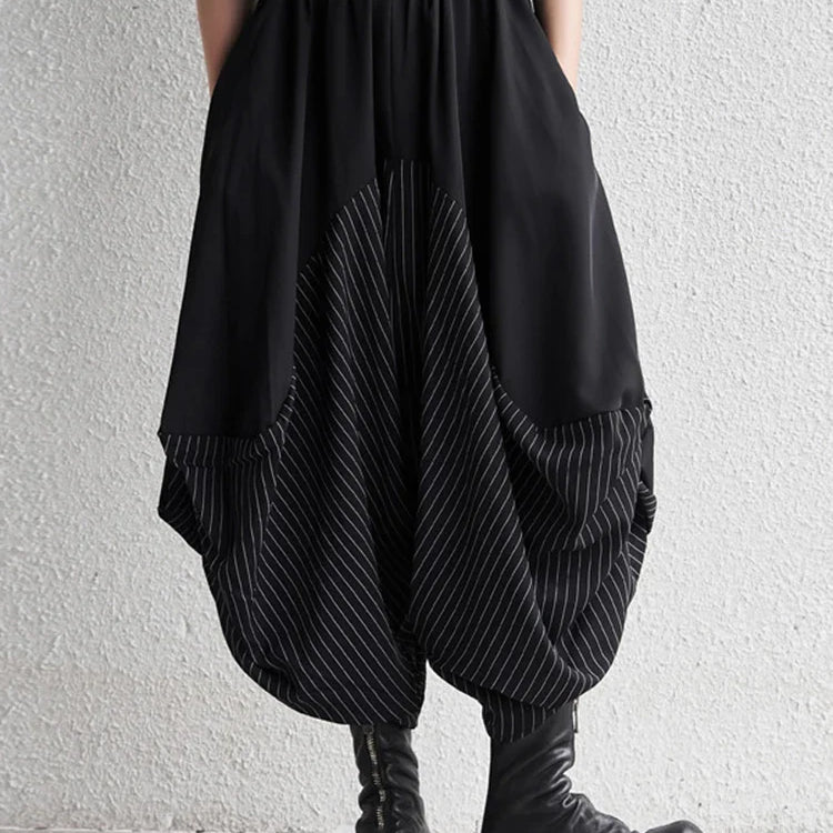 [EAM] High Elastic Waist Black Striped Spliced Harem Trousers New Loose Fit Pants Women Fashion Tide Spring Summer 1DE0542