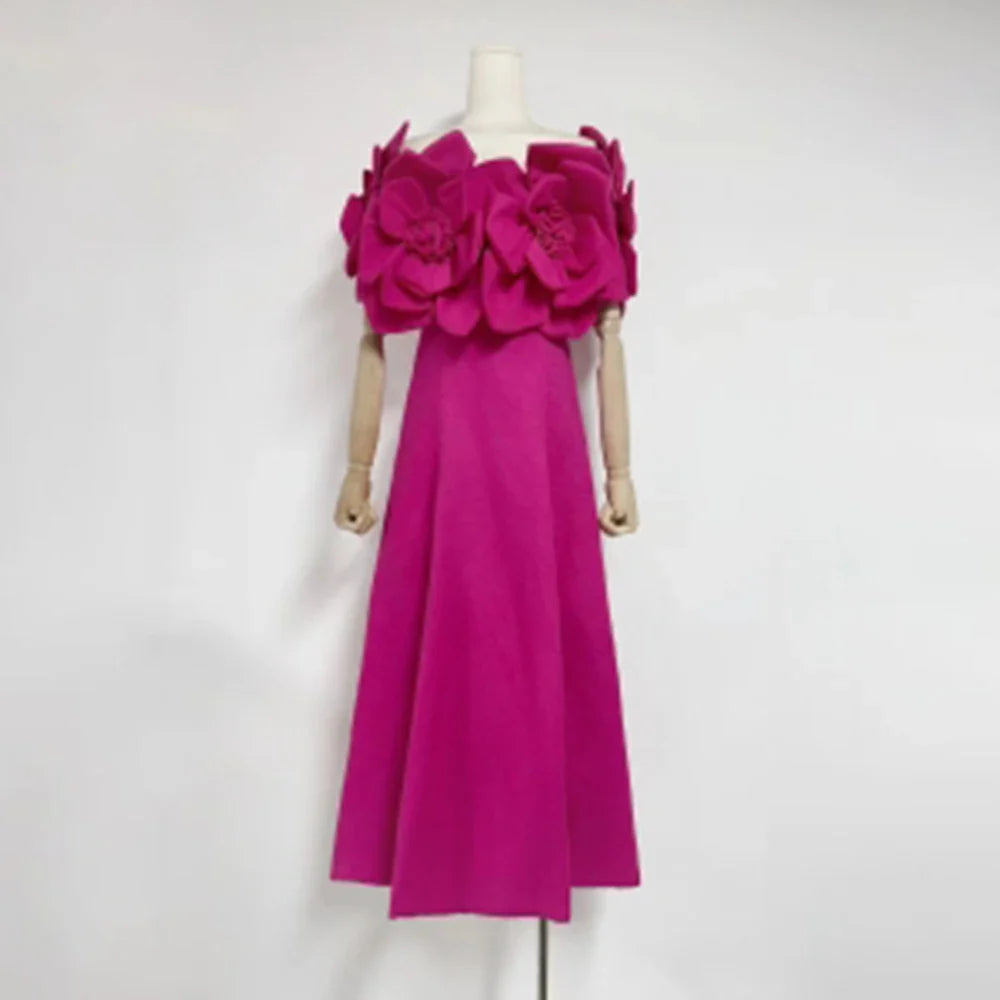 Solid Slimming Elegant Dresses for Women Strapless Off Shoulder Patchwork 3D Flowers Fashion Dress Female Clothing ROSE