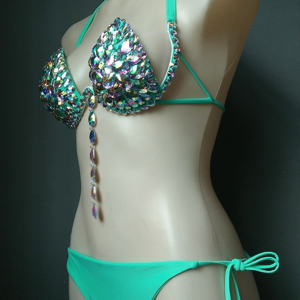Sexy Gathered Crystal Diamond Bikini Luxury Rhinestone Women's Swimsuit Push Up Halter Straps Triangle Bathing Suit