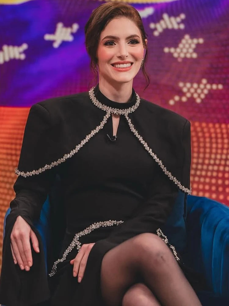 Elegant Black Long Sleeved Bodycon Mini Dress with Crystal Adorned Seams for a Special Event Gown