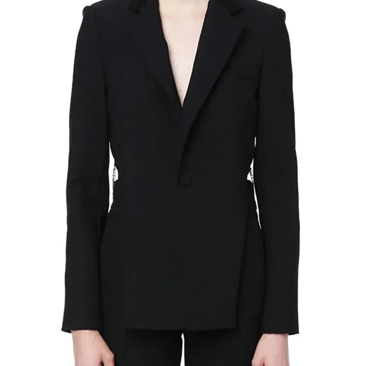 Backless Spliced Button Blazers For Women Notched Collar Long Sleeve Patchwork Chain Chic Blazer Female Fashion New
