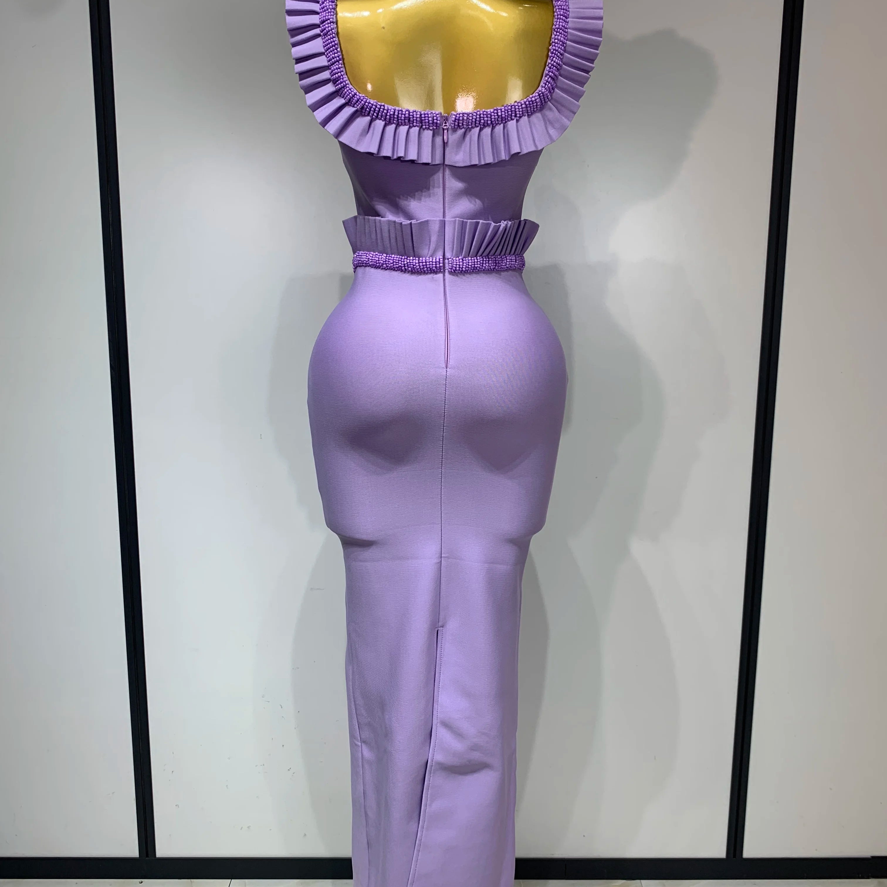 Women Sexy Square Collar Ruffles Beading Long Bodycon Bandage Dress 2025 Celebrity Elegant Evening Club Party Birthday Dress