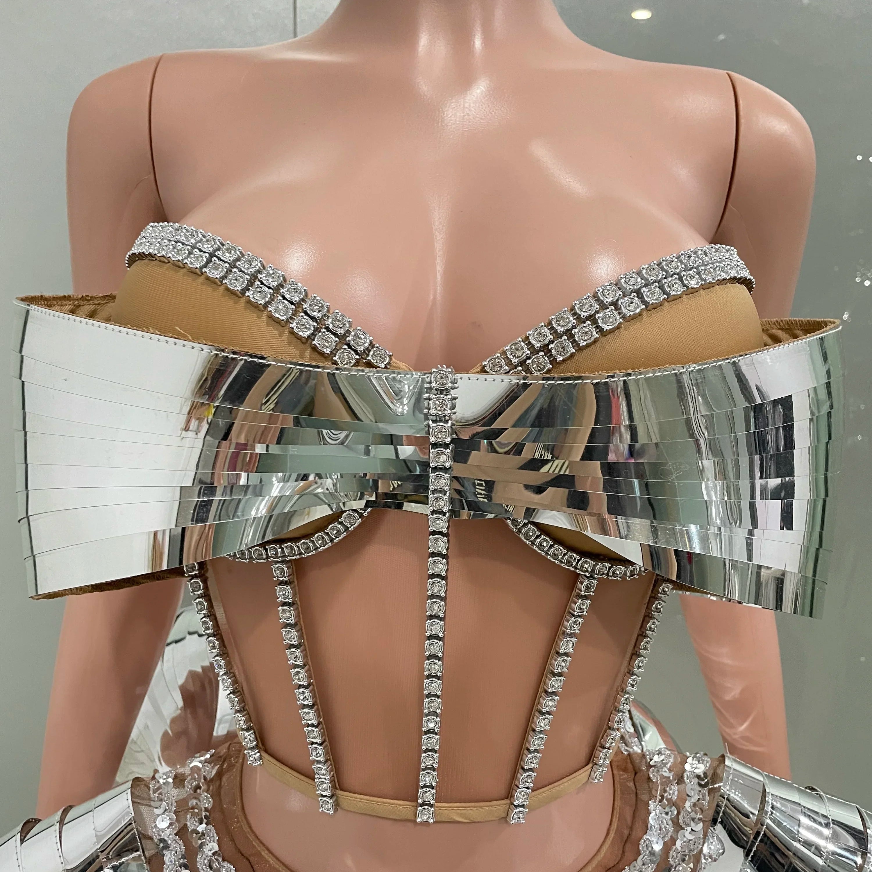 Sliver Mirror Surface Woman Set Stereoscopic Bows Strapless Tops And UFO Mini Skirt 2 Pieces Party Outfit Performance costume