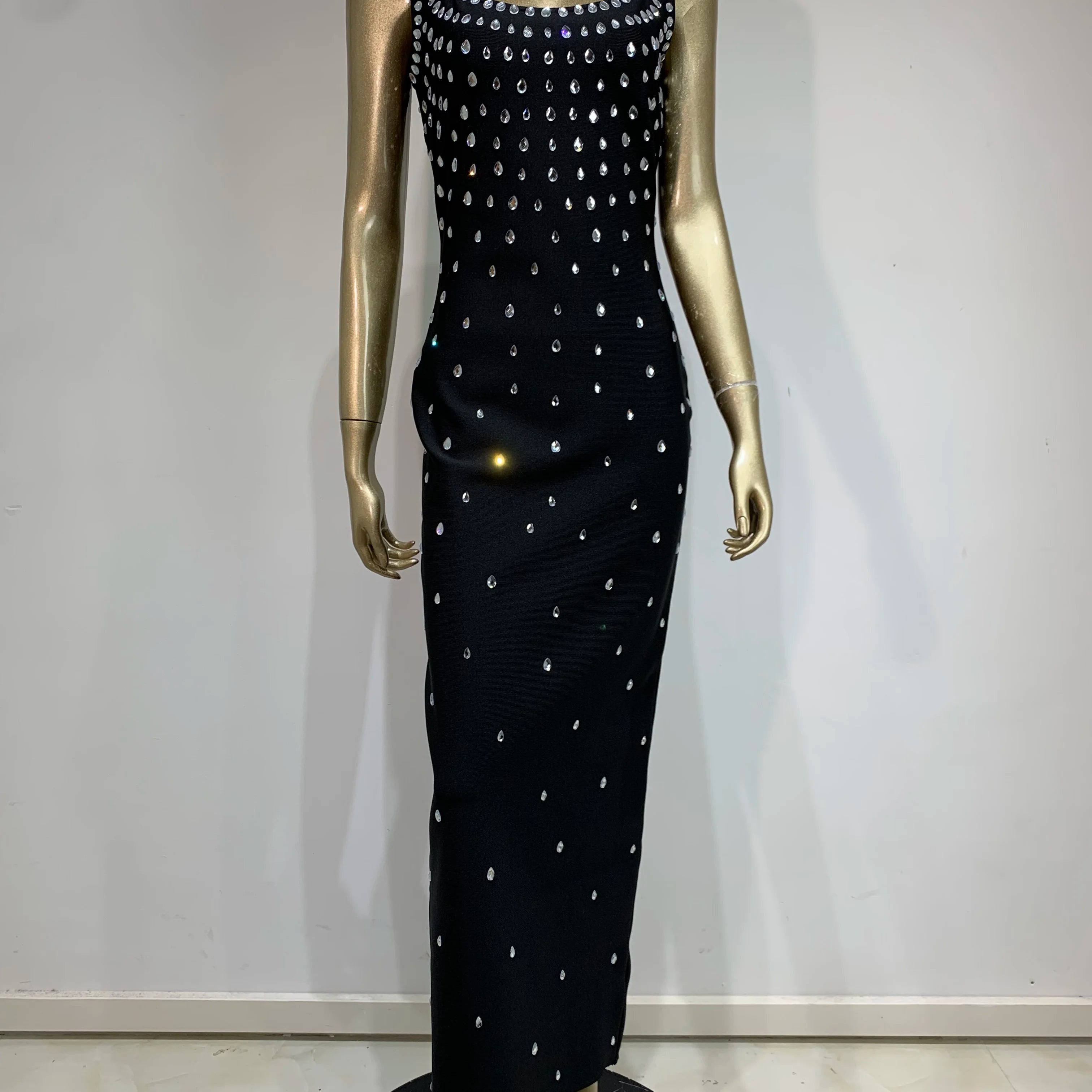 Women Celebrity Sexy Tank Studded Sky Blue Black Maxi Long Bodycon Bandage Dress 2024 Elegant Evening Club Party Outfit black